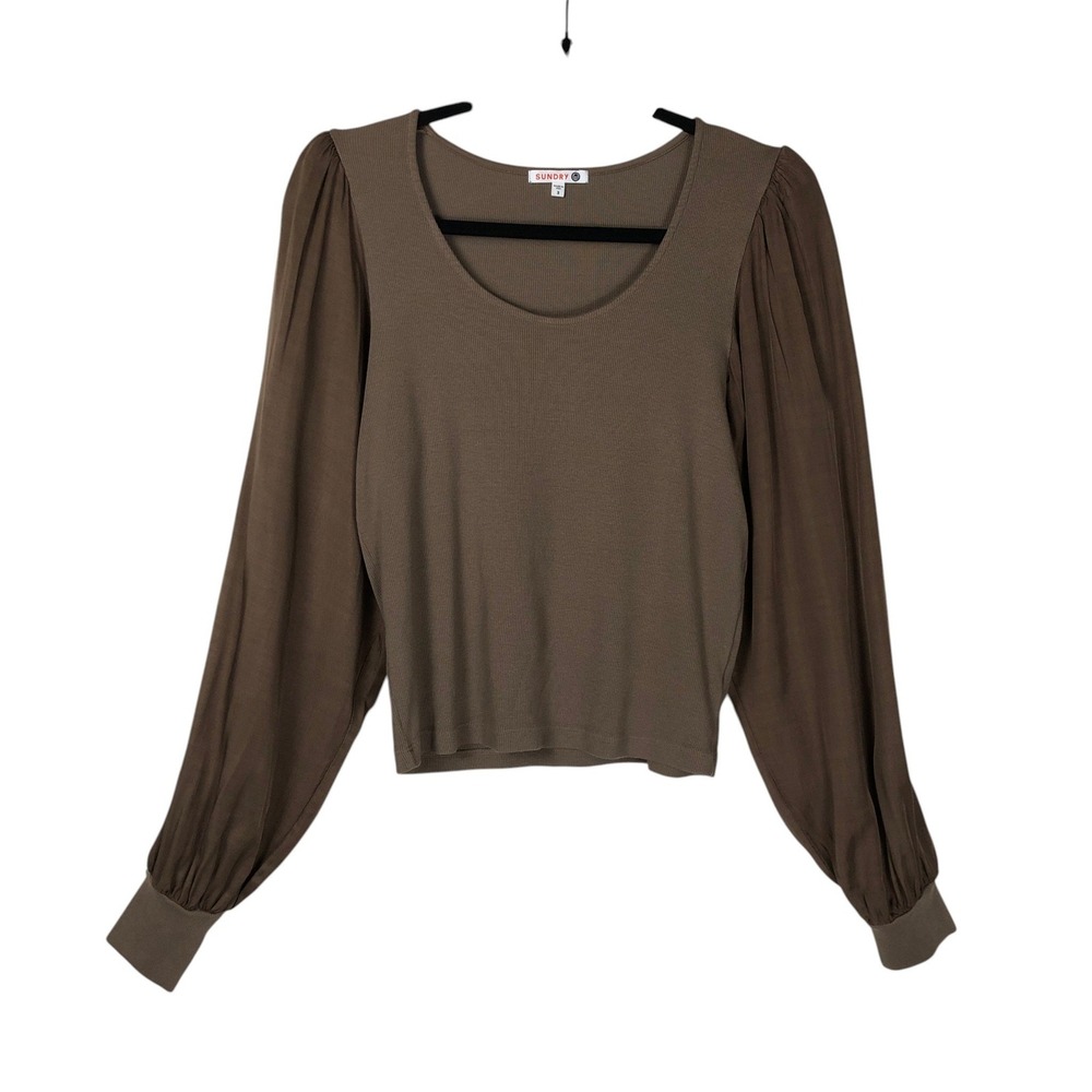 Sundry Womens Mixed Media Top Size L Brown Boho Chic Contemporary